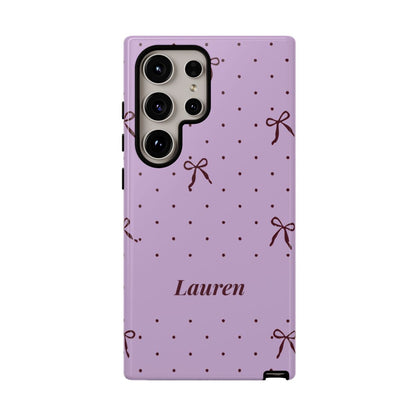 Personalized Lavender Bow Phone Case – Custom Name Polka Dot Coquette Aesthetic