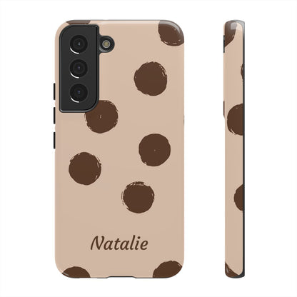 Personalized Brown Polka Dot Phone Case – Custom Name Neutral Boho Aesthetic