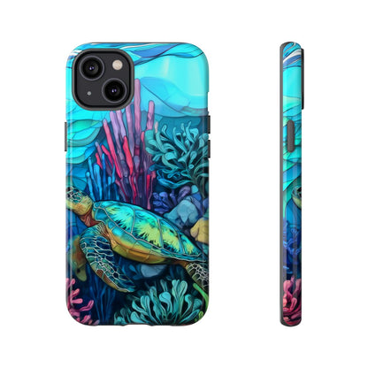 Stained Glass Turtle Phone Case – Coastal Blue Ocean Mosaic Aesthetic