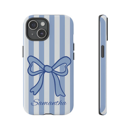 Personalized Coquette Bow Phone Case – Blue Striped Preppy Ribbon Aesthetic