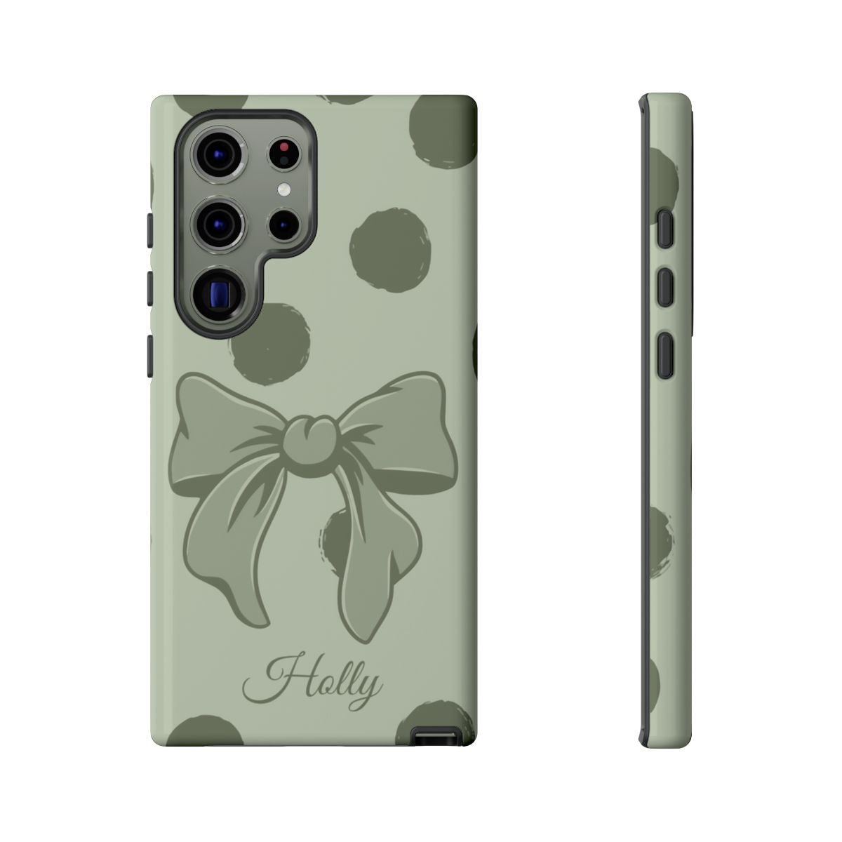Personalized Sage Green Polka Dot Bow Phone Case – Custom Name Coquette Aesthetic