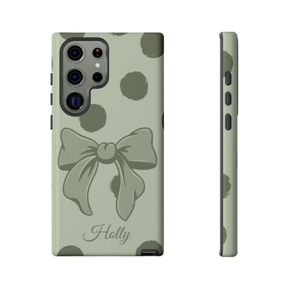 Personalized Sage Green Polka Dot Bow Phone Case – Custom Name Coquette Aesthetic