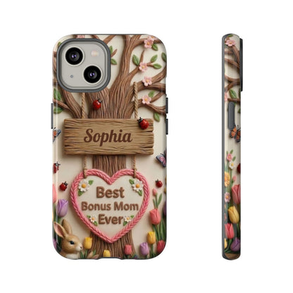 Personalized Bonus Mom Phone Case – Custom Name Clay Spring Garden Aesthetic