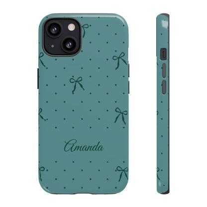 Personalized Teal Bow Phone Case – Custom Name Coquette Polka Dot Aesthetic