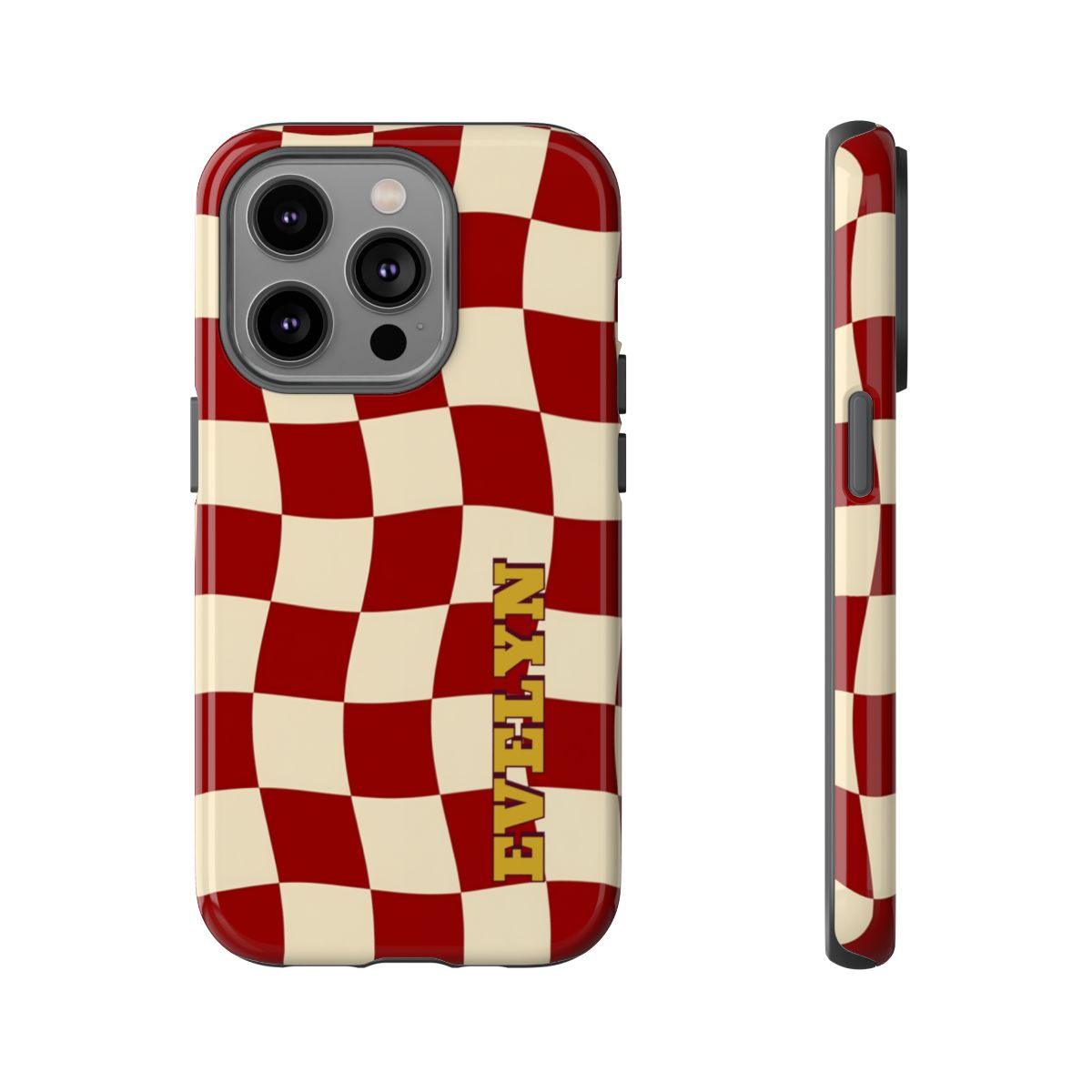 Personalized Burgundy Checkered Phone Case – Custom Name Wavy Retro Aesthetic