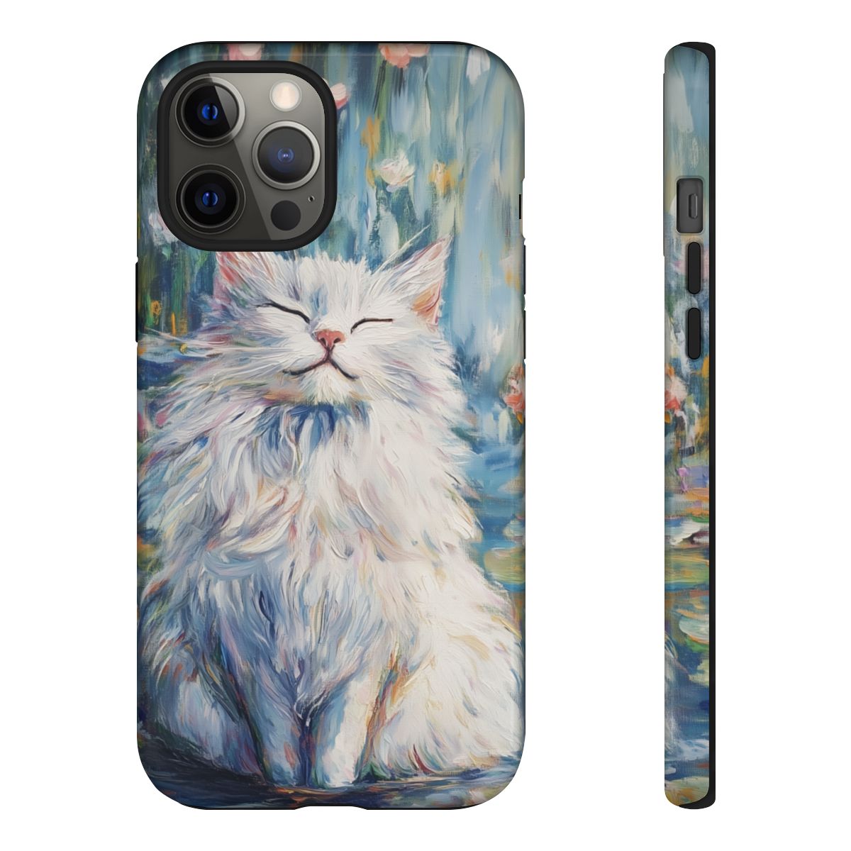 Close-up of a whimsical cat phone case with thick, colorful brushstrokes in blue, pink, and yellow.