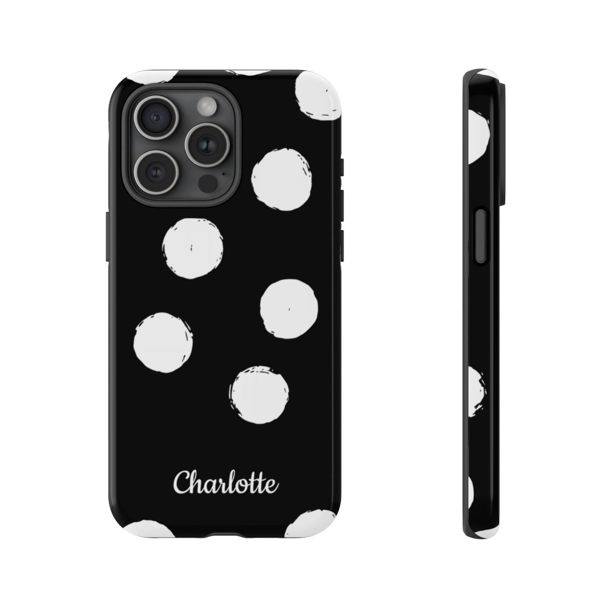 Personalized Black Polka Dot Phone Case – Custom Name Bold Monochrome Aesthetic