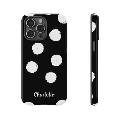 Personalized Black Polka Dot Phone Case – Custom Name Bold Monochrome Aesthetic