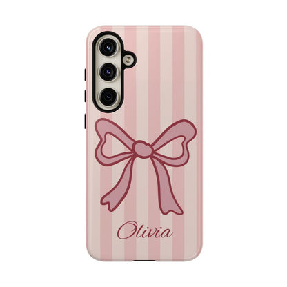 Personalized Pink Bow Phone Case – Soft Pastel Striped Coquette Aesthetic