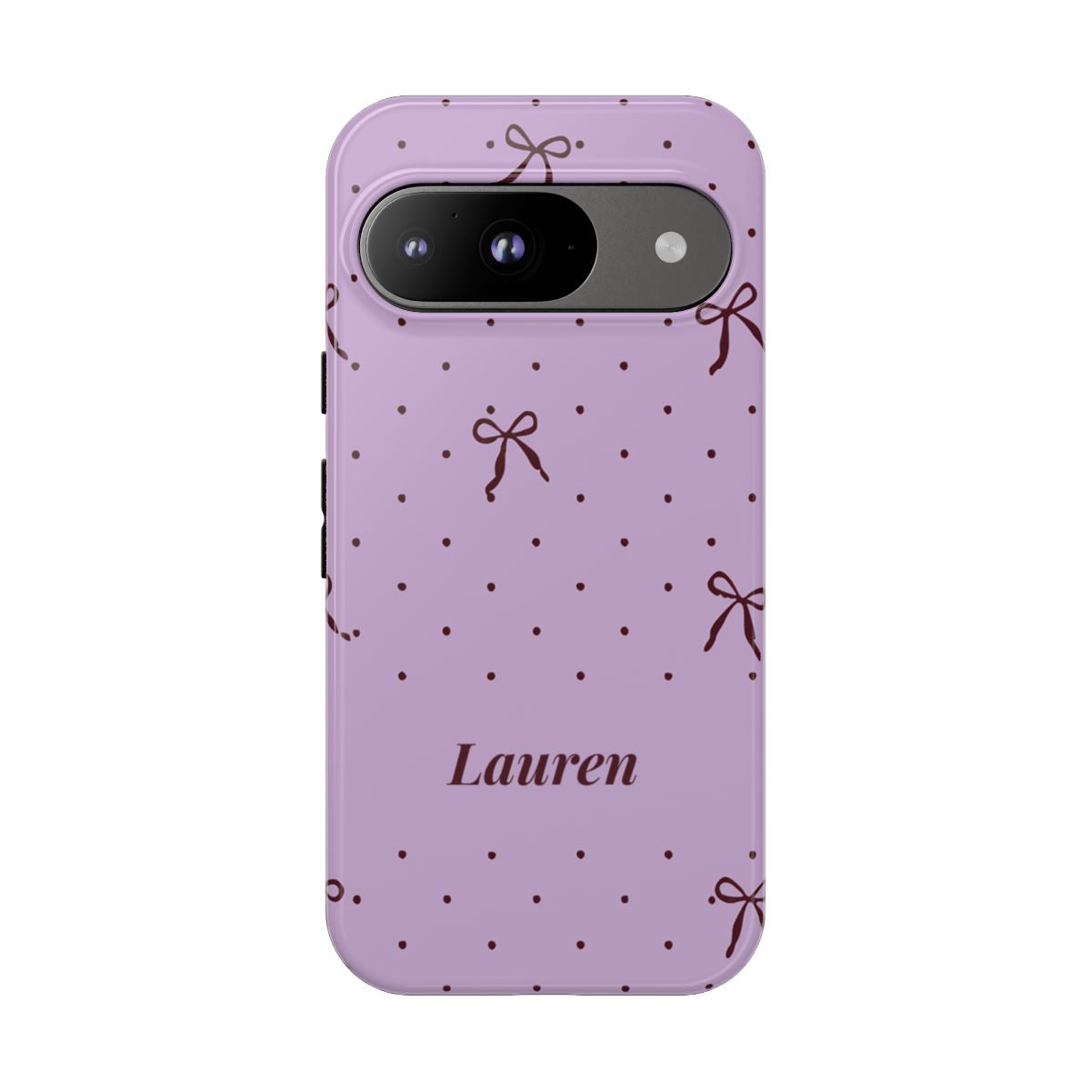 Personalized Lavender Bow Phone Case – Custom Name Polka Dot Coquette Aesthetic