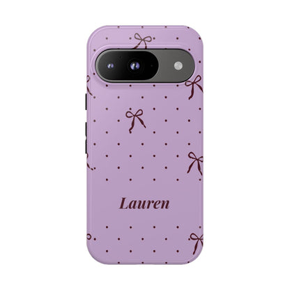 Personalized Lavender Bow Phone Case – Custom Name Polka Dot Coquette Aesthetic