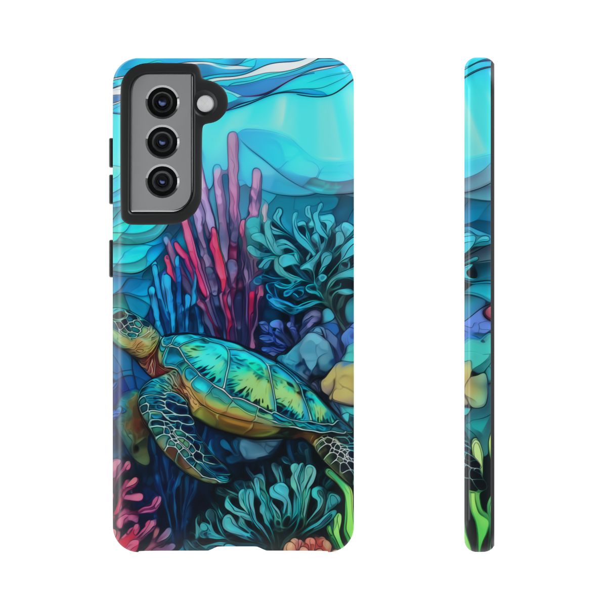Stained Glass Turtle Phone Case – Coastal Blue Ocean Mosaic Aesthetic