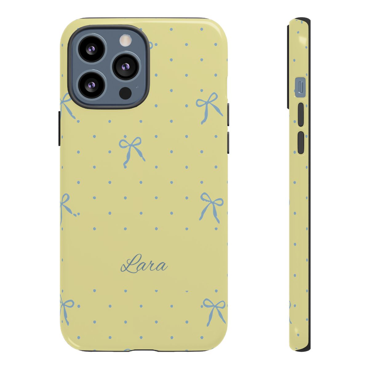 Personalized Yellow Bow Phone Case – Custom Name Blue Polka Dot Aesthetic