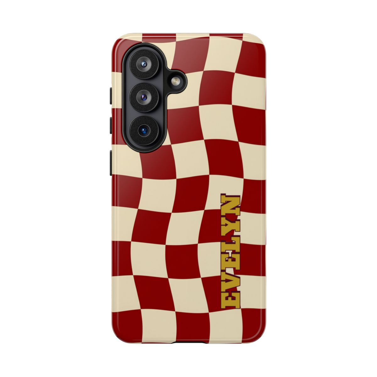 Personalized Burgundy Checkered Phone Case – Custom Name Wavy Retro Aesthetic