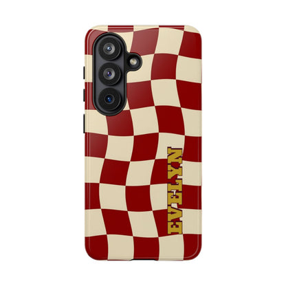 Personalized Burgundy Checkered Phone Case – Custom Name Wavy Retro Aesthetic