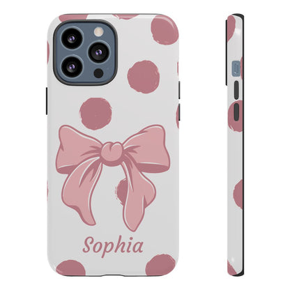 Personalized Pink Polka Dot Bow Phone Case – Custom Name Coquette Aesthetic