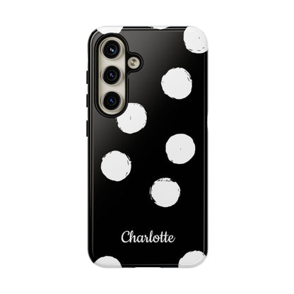 Personalized Black Polka Dot Phone Case – Custom Name Bold Monochrome Aesthetic