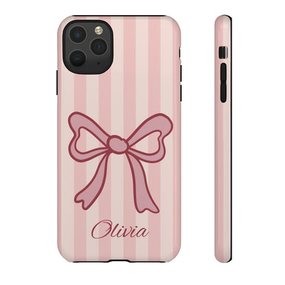Personalized Pink Bow Phone Case – Soft Pastel Striped Coquette Aesthetic