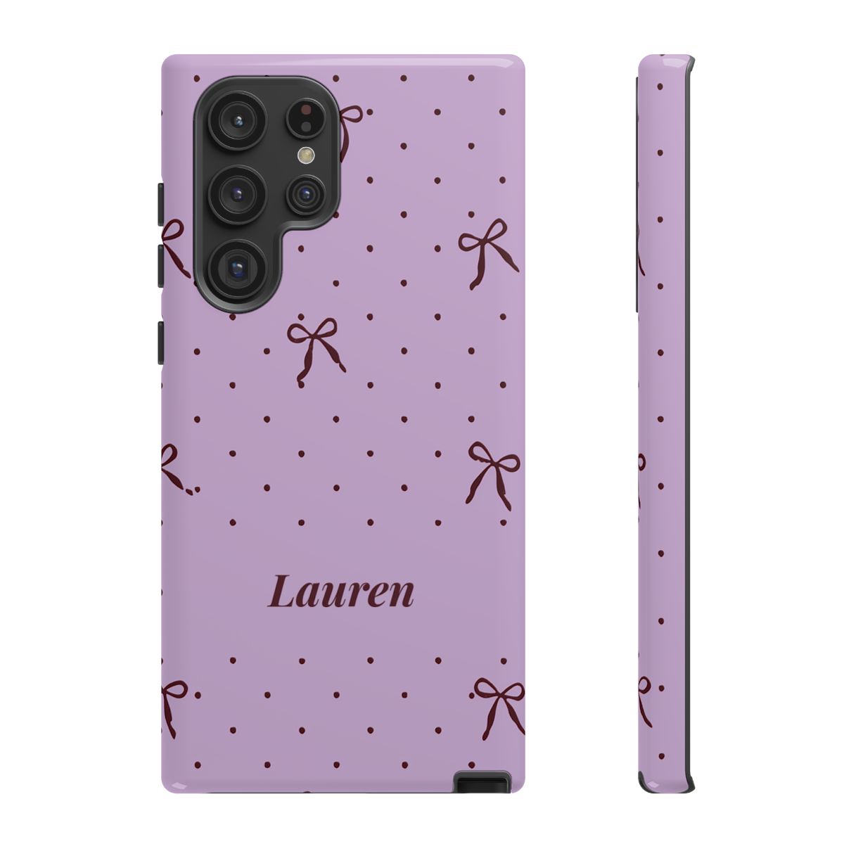 Personalized Lavender Bow Phone Case – Custom Name Polka Dot Coquette Aesthetic