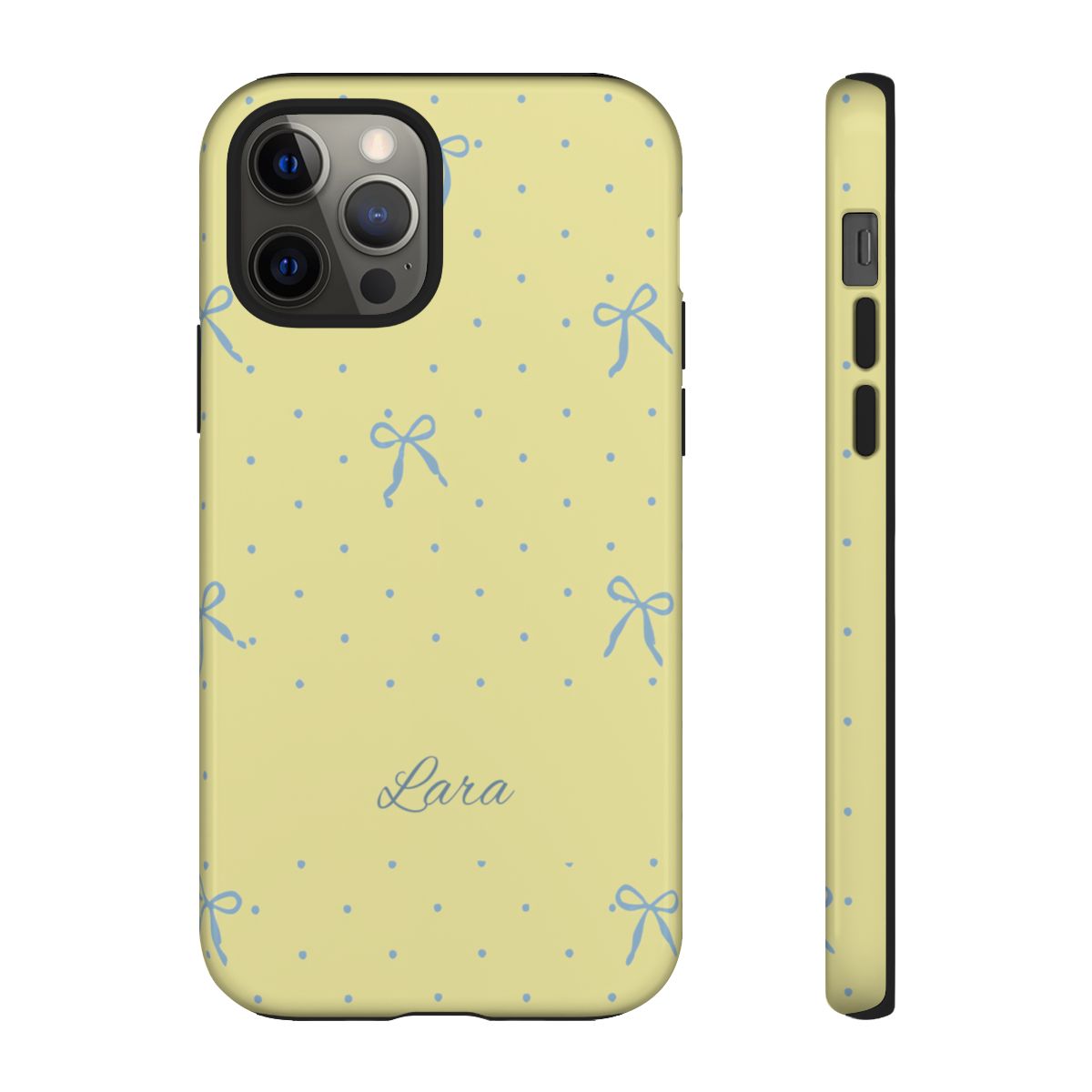 Personalized Yellow Bow Phone Case – Custom Name Blue Polka Dot Aesthetic