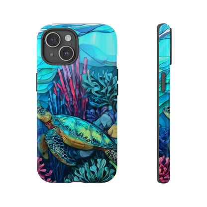 Stained Glass Turtle Phone Case – Coastal Blue Ocean Mosaic Aesthetic