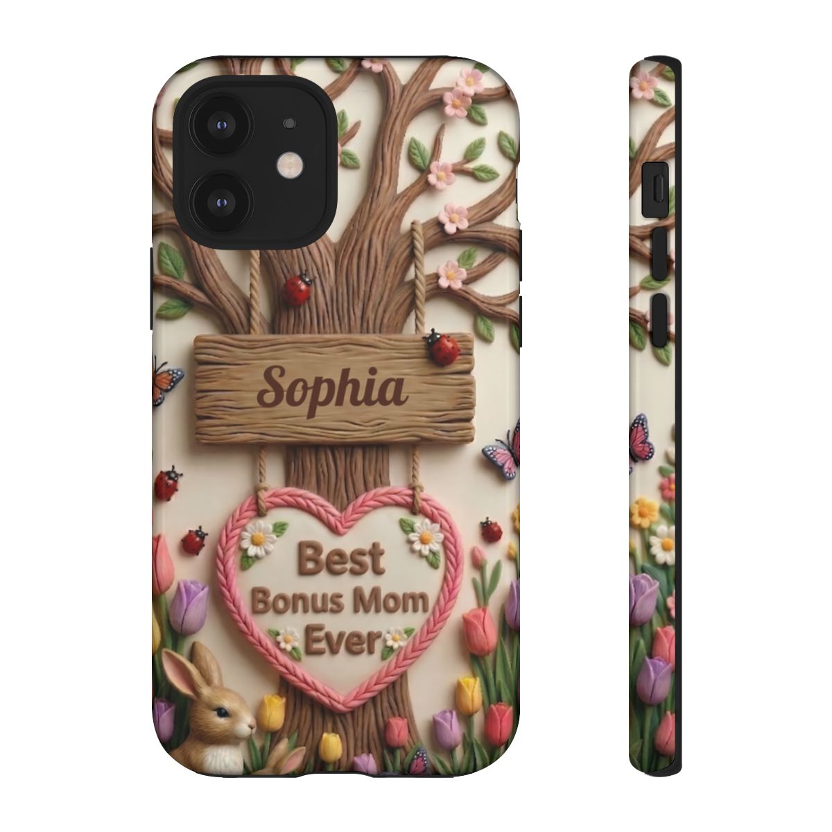Personalized Bonus Mom Phone Case – Custom Name Clay Spring Garden Aesthetic