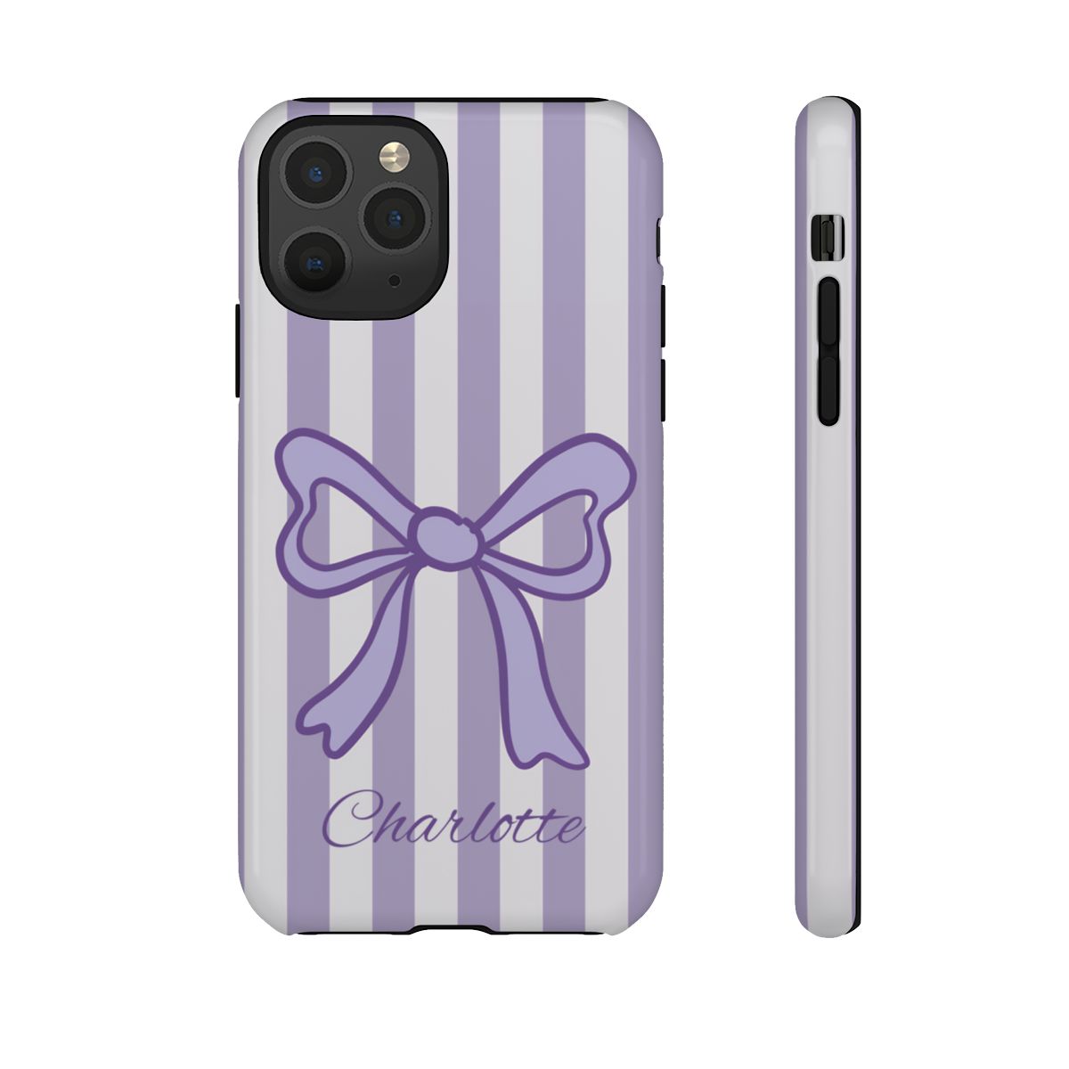 Personalized Lavender Bow Phone Case – Purple Striped Coquette Ribbon Aesthetic