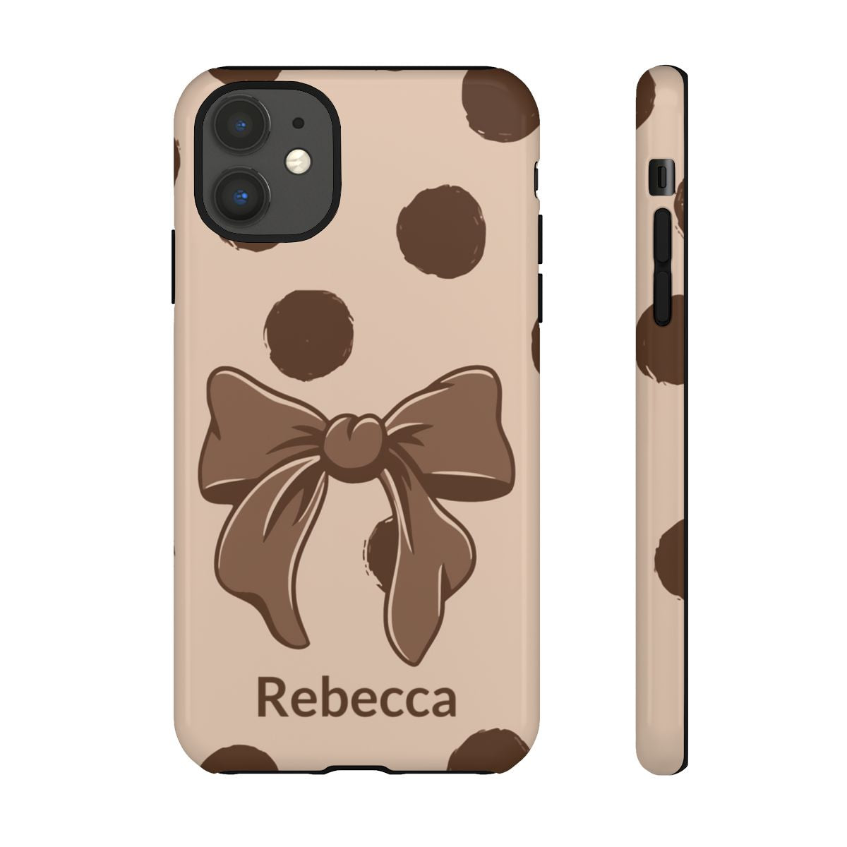 Personalized Brown Polka Dot Bow Phone Case – Custom Name Coquette Retro Aesthetic