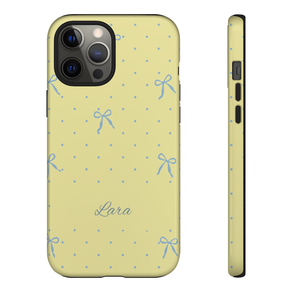 Personalized Yellow Bow Phone Case – Custom Name Blue Polka Dot Aesthetic