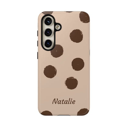 Personalized Brown Polka Dot Phone Case – Custom Name Neutral Boho Aesthetic