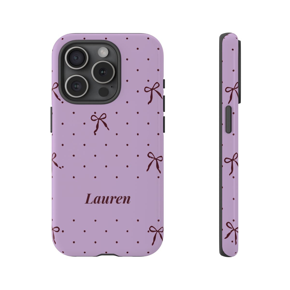 Personalized Lavender Bow Phone Case – Custom Name Polka Dot Coquette Aesthetic
