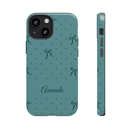 Personalized Teal Bow Phone Case – Custom Name Coquette Polka Dot Aesthetic