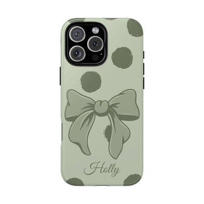 Personalized Sage Green Polka Dot Bow Phone Case – Custom Name Coquette Aesthetic