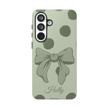 Personalized Sage Green Polka Dot Bow Phone Case – Custom Name Coquette Aesthetic