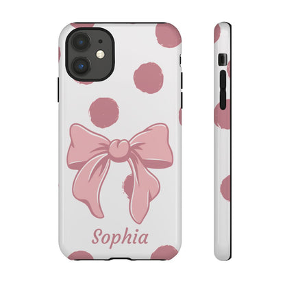 Personalized Pink Polka Dot Bow Phone Case – Custom Name Coquette Aesthetic
