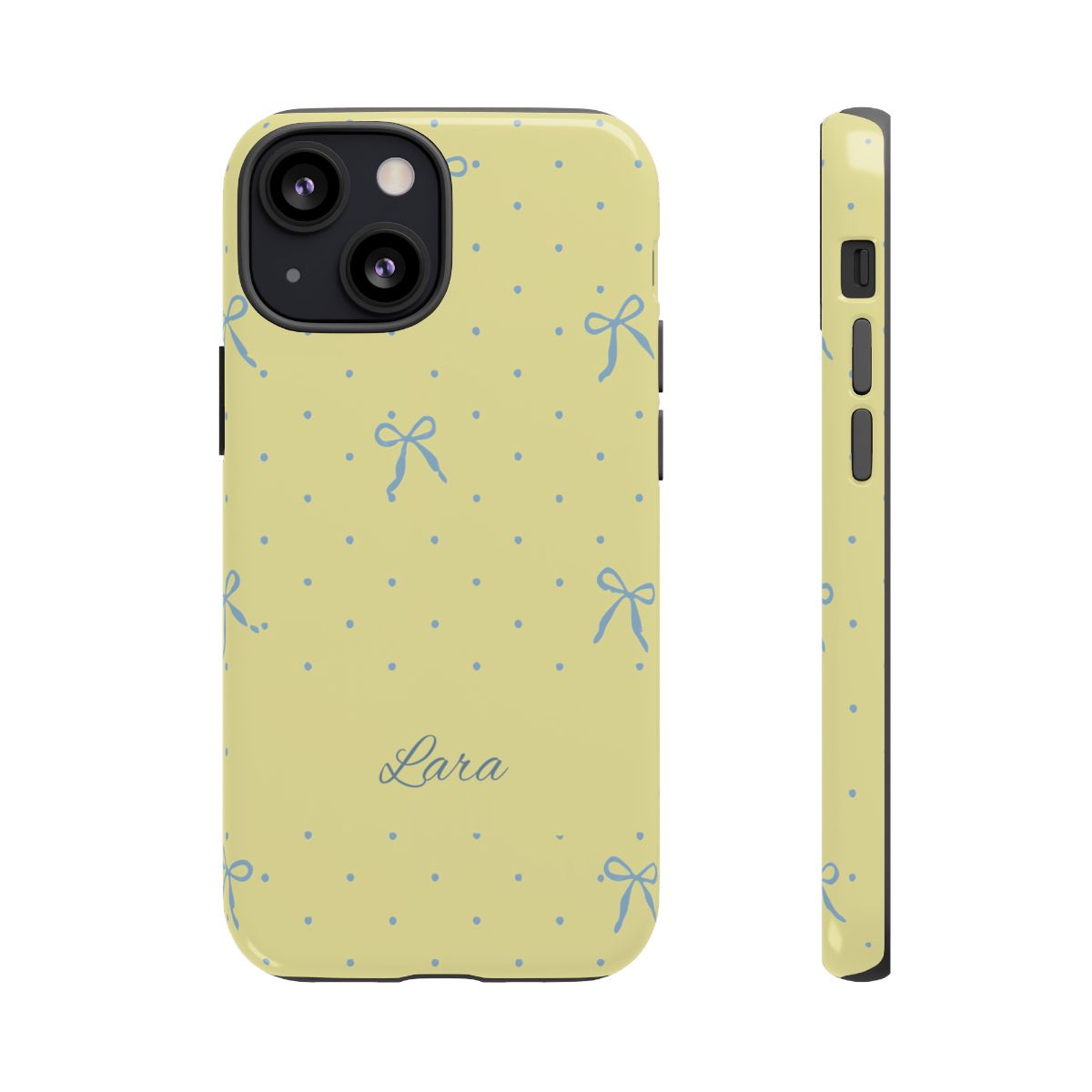 Personalized Yellow Bow Phone Case – Custom Name Blue Polka Dot Aesthetic