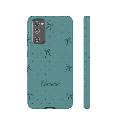 Personalized Teal Bow Phone Case – Custom Name Coquette Polka Dot Aesthetic