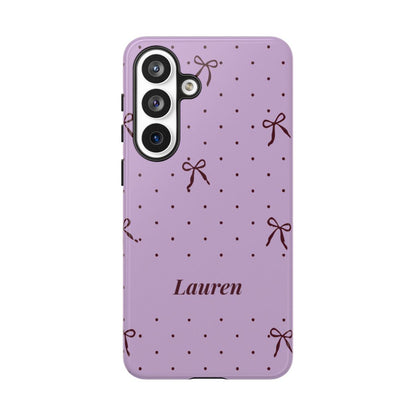 Personalized Lavender Bow Phone Case – Custom Name Polka Dot Coquette Aesthetic
