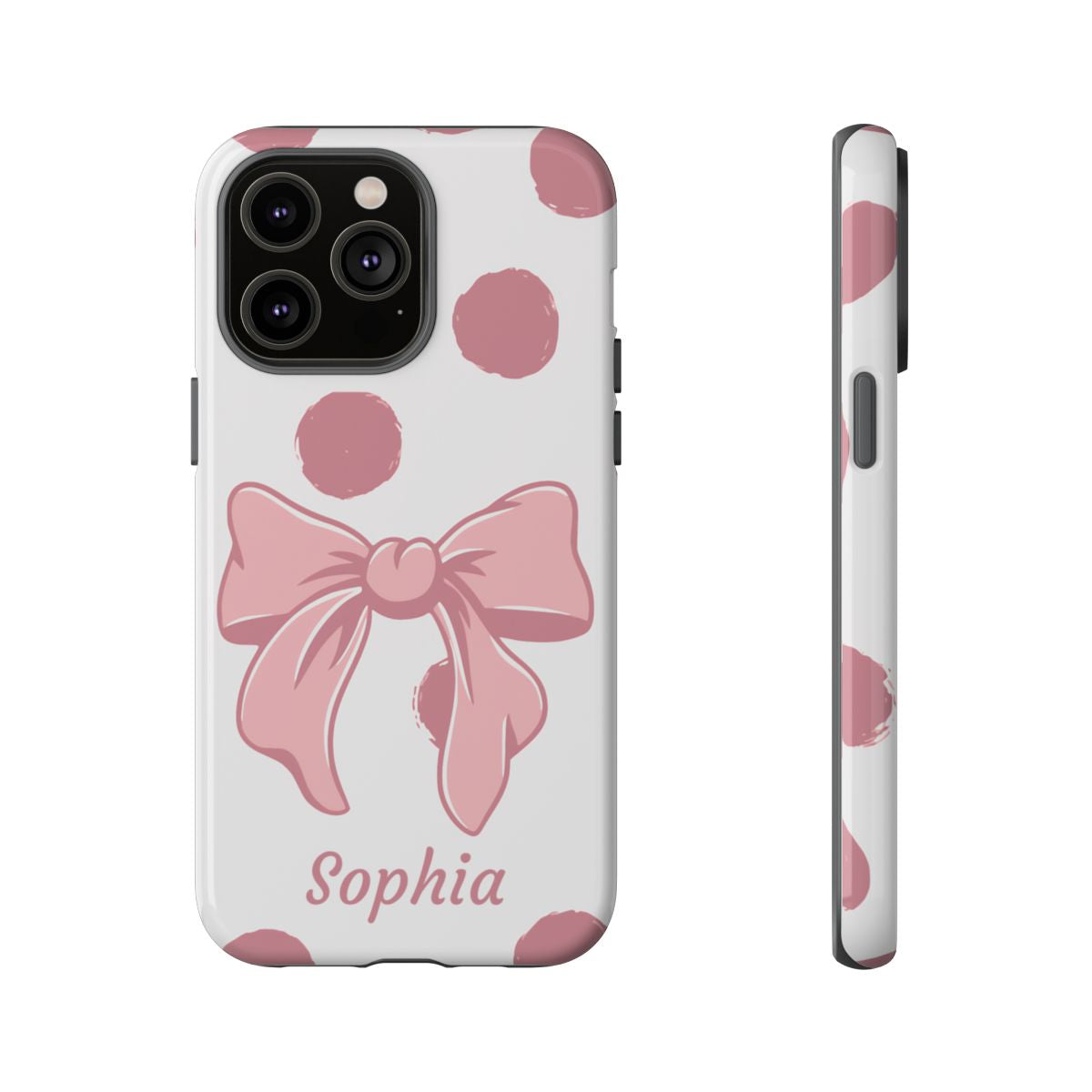 Personalized Pink Polka Dot Bow Phone Case – Custom Name Coquette Aesthetic