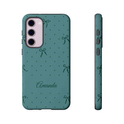 Personalized Teal Bow Phone Case – Custom Name Coquette Polka Dot Aesthetic