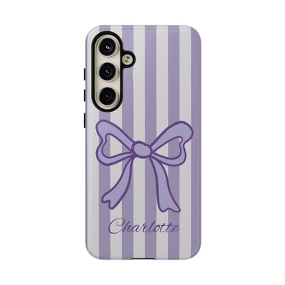 Personalized Lavender Bow Phone Case – Purple Striped Coquette Ribbon Aesthetic