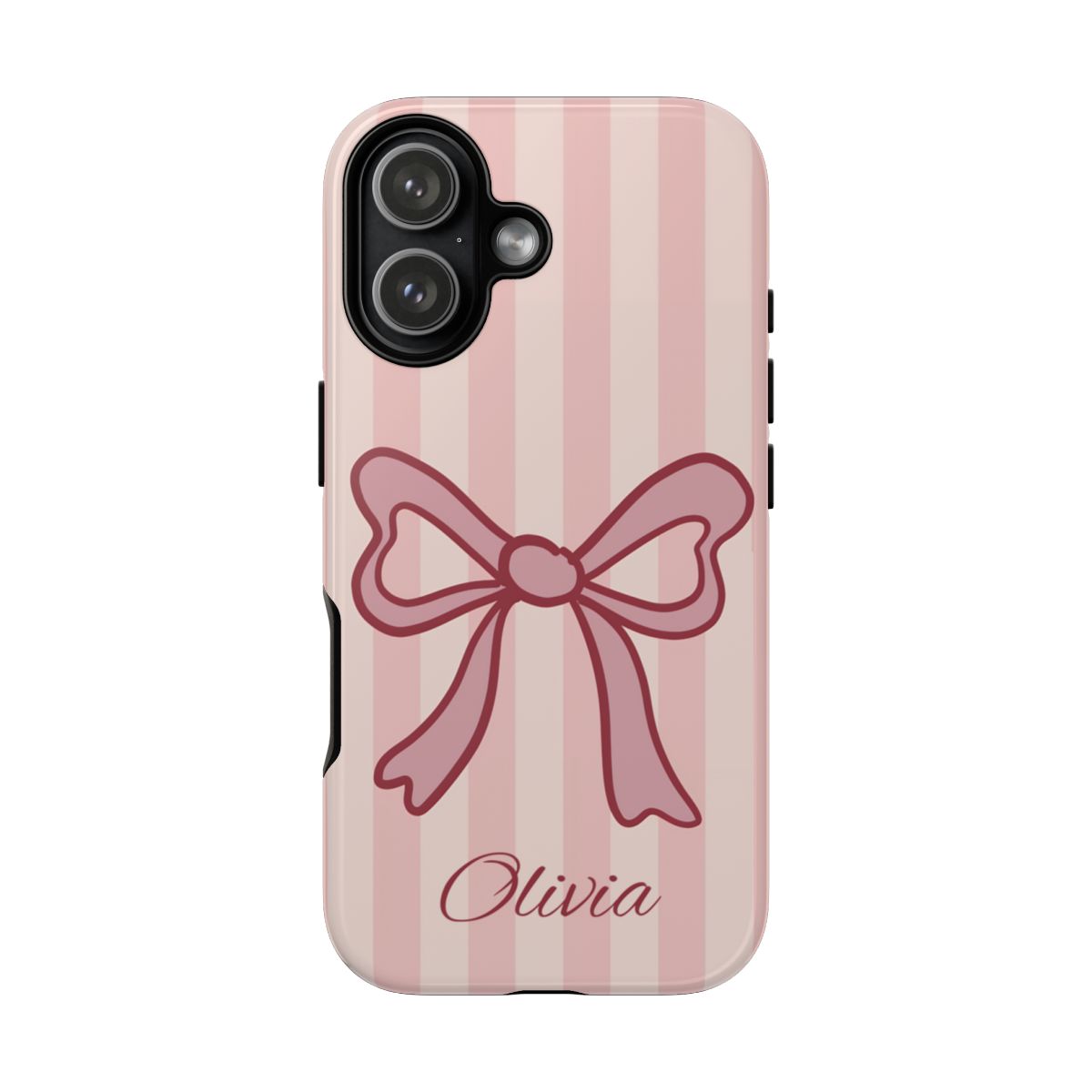 Personalized Pink Bow Phone Case – Soft Pastel Striped Coquette Aesthetic