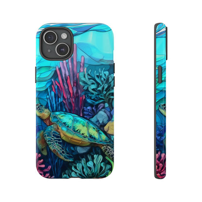 Stained Glass Turtle Phone Case – Coastal Blue Ocean Mosaic Aesthetic