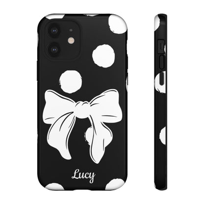 Personalized Black Polka Dot Bow Phone Case – Custom Name Coquette Retro Aesthetic