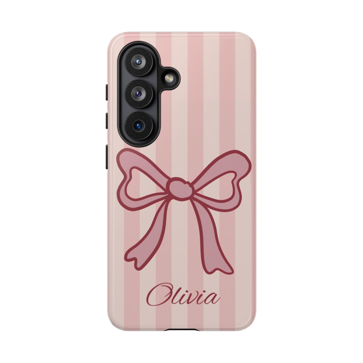 Personalized Pink Bow Phone Case – Soft Pastel Striped Coquette Aesthetic