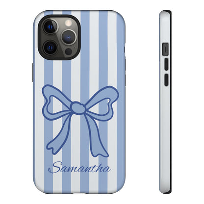 Personalized Coquette Bow Phone Case – Blue Striped Preppy Ribbon Aesthetic