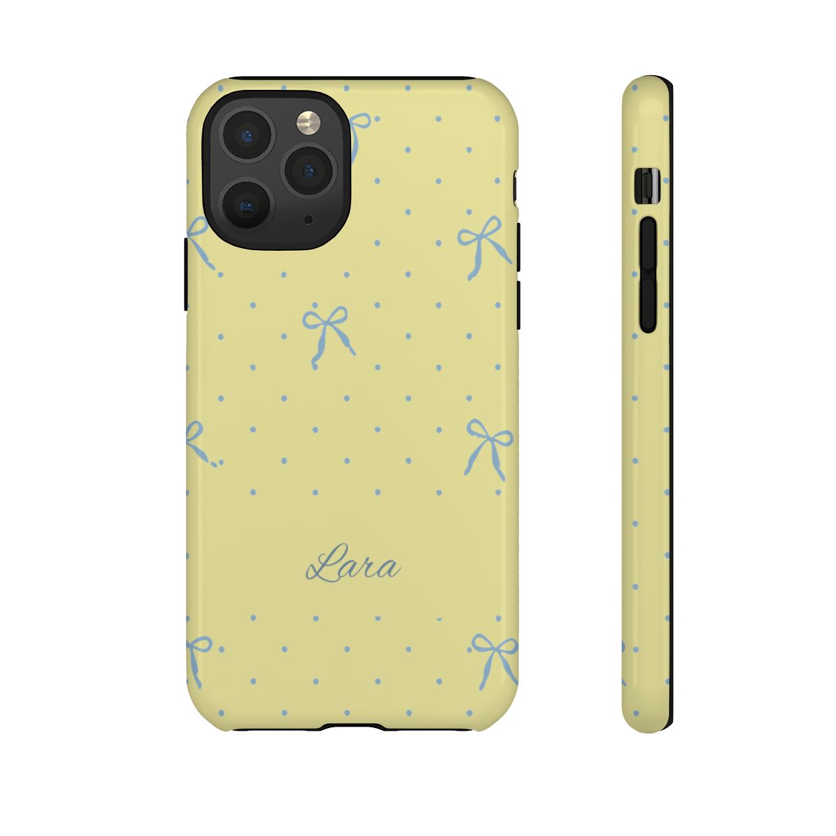 Personalized Yellow Bow Phone Case – Custom Name Blue Polka Dot Aesthetic