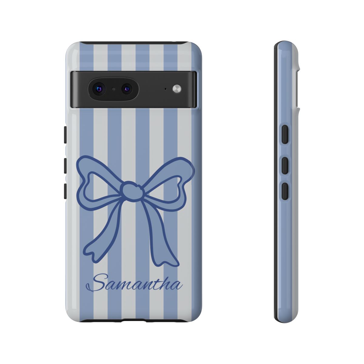 Personalized Coquette Bow Phone Case – Blue Striped Preppy Ribbon Aesthetic
