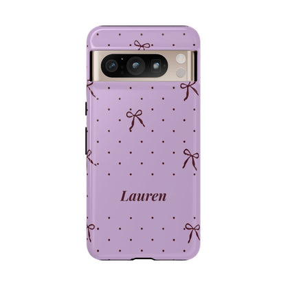 Personalized Lavender Bow Phone Case – Custom Name Polka Dot Coquette Aesthetic