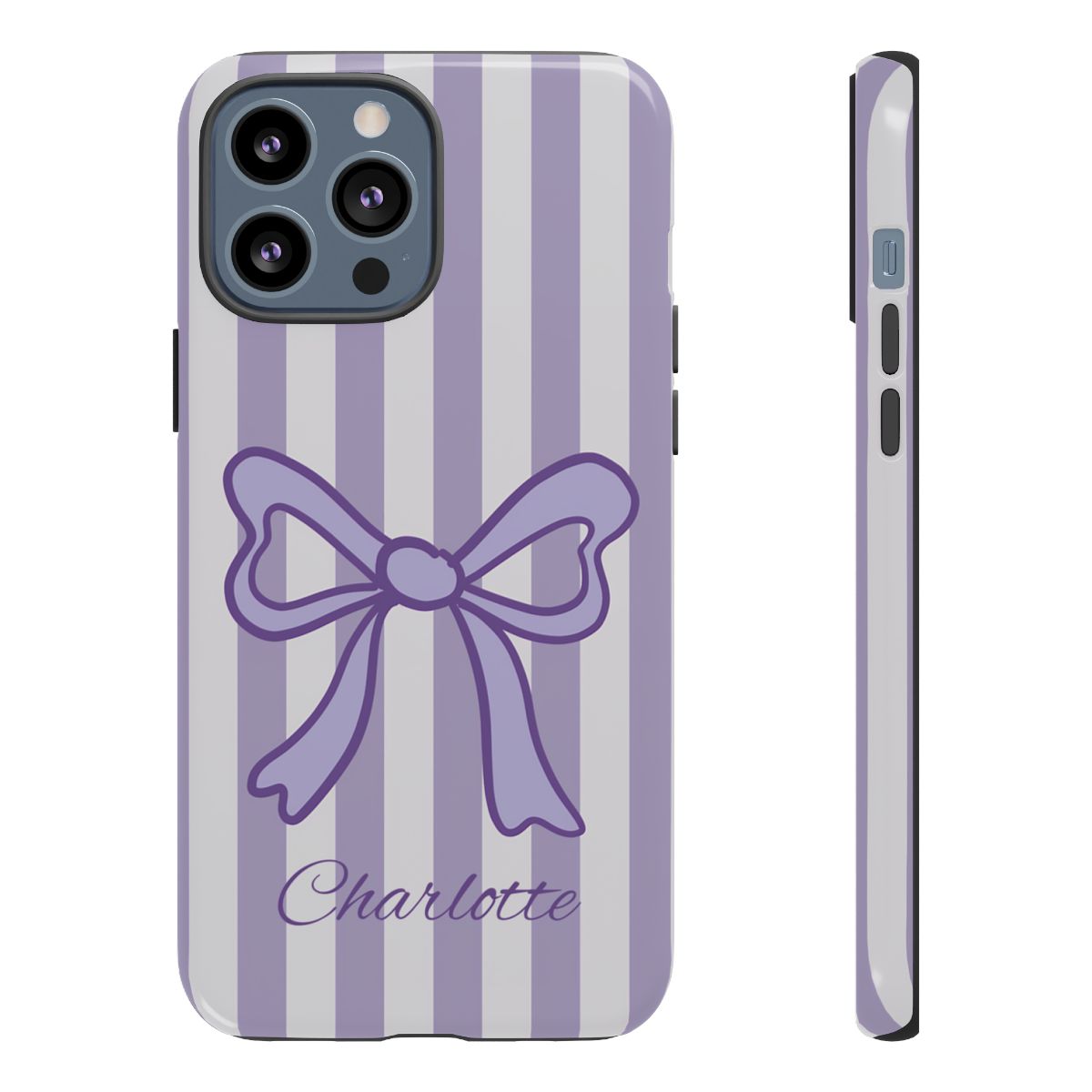 Personalized Lavender Bow Phone Case – Purple Striped Coquette Ribbon Aesthetic